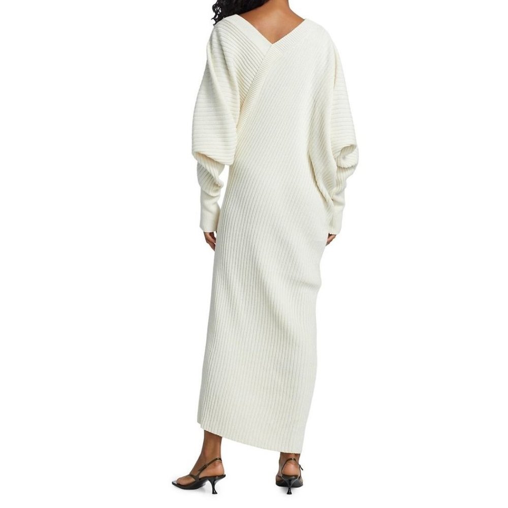 LVIR Unbalance Ribbed Knit Wool Cashmere V-Neck Midi Dress Women's Size Medium - Picture 15 of 15